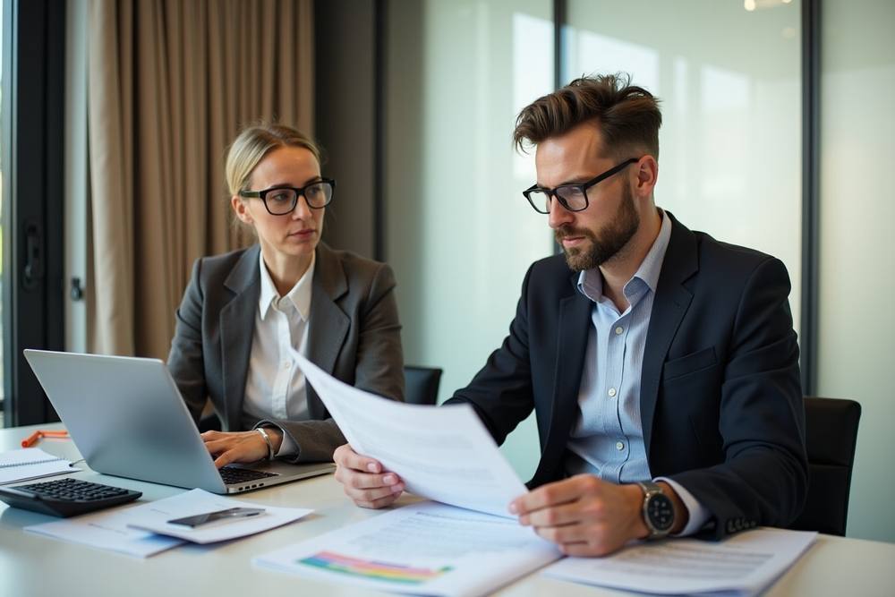 Deux professionnels en costume discutant de documents dans un bureau.
