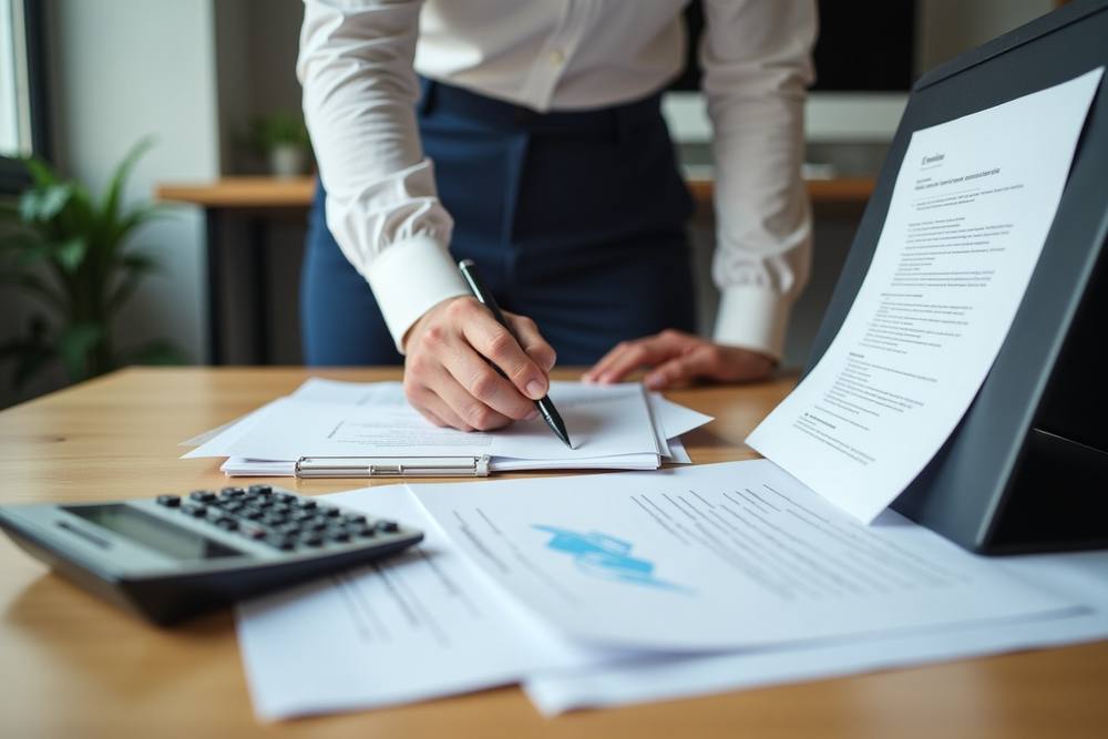 Personne en costume écrivant sur des documents avec calculatrice et graphiques.