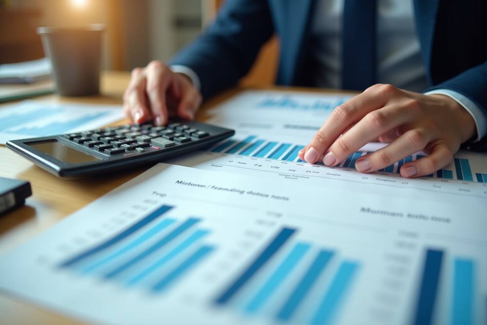 Homme d'affaires analysant des données financières sur un bureau.