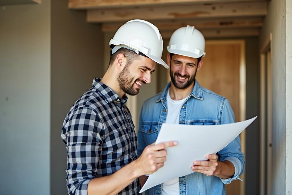 Deux travailleurs du bâtiment examinant des plans de construction.