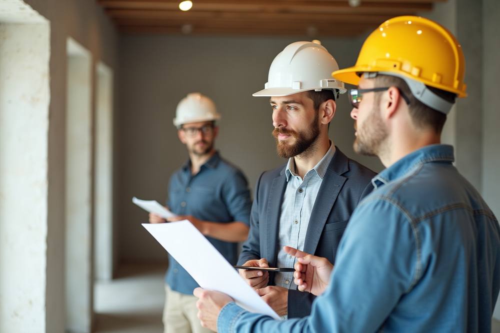 Trois hommes en casques de sécurité discutent des plans de construction.