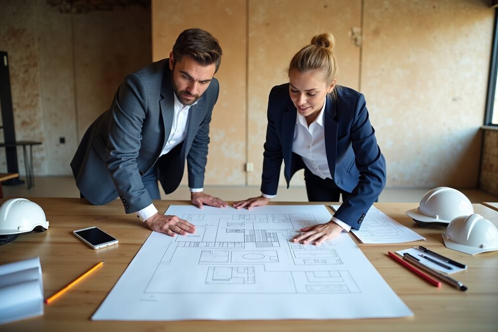 Deux professionnels en costumes examinant des plans architecturaux sur un bureau.