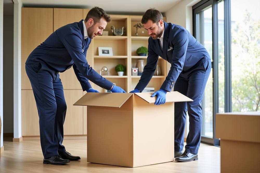 Deux hommes en costume bleu emballent une boîte dans un bureau.