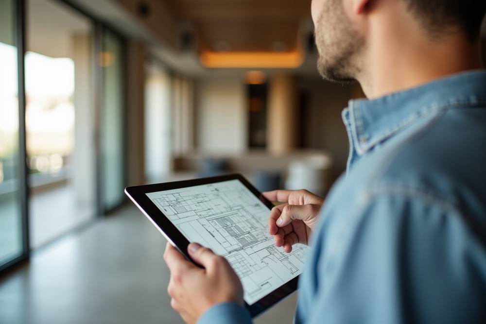 Homme examinant des plans architecturaux sur une tablette numérique.