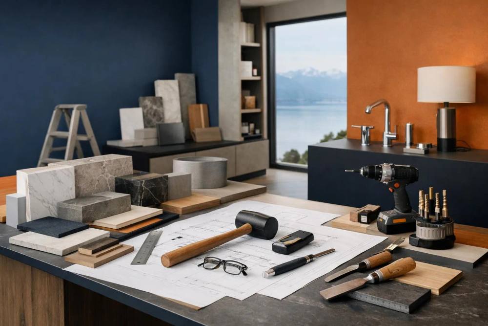Atelier de conception avec outils, échantillons de matériaux et vue panoramique.