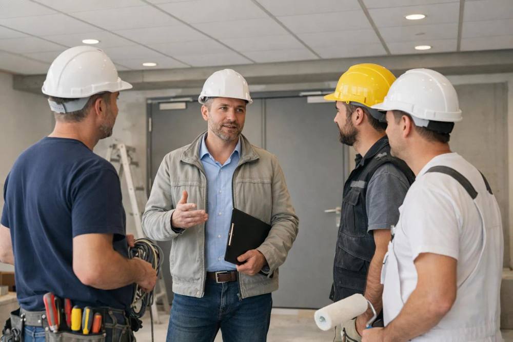 Groupe d'hommes en casques de chantier discutant sur un chantier.