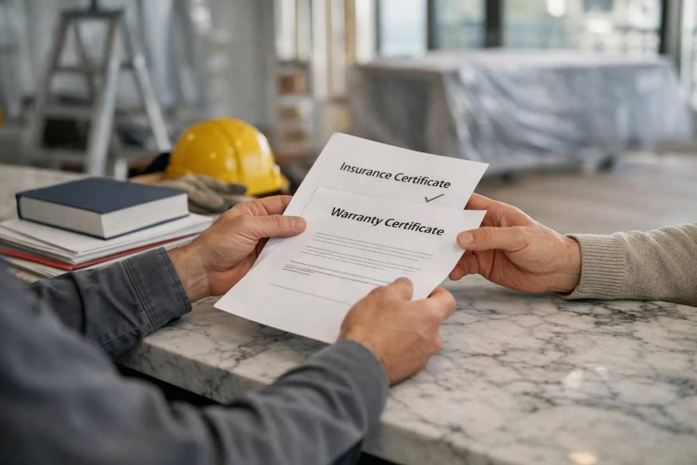 Certificat d'assurance et de garantie sur un bureau de chantier.