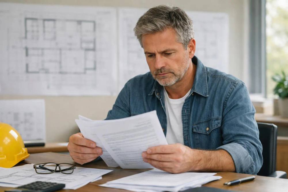 Homme d'affaires mûr examinant attentivement des documents sur son bureau.