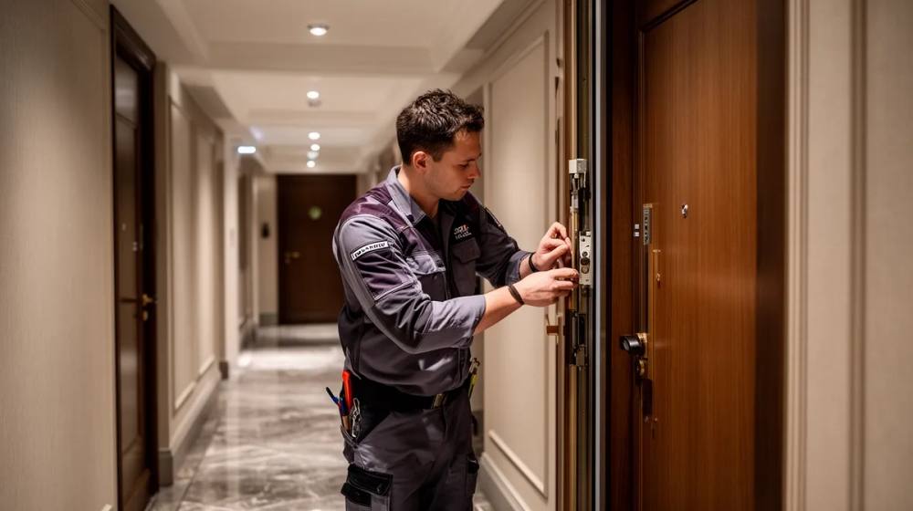 Homme en uniforme de sécurité ouvrant une porte d'hôtel.