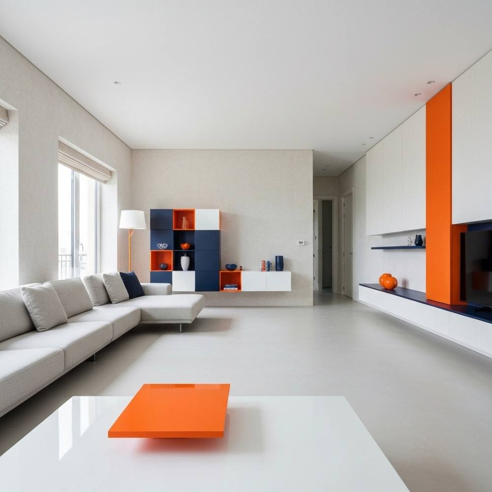 [Une vue large et épurée d'un salon de luxe moderne avec des murs texturés et des rangements intégrés presque invisibles, évoquant l'élégance et la technologie discrète.]