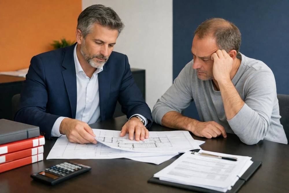 Un consultant BAMO professionnel en costume sur mesure examine des plans de rénovation architecturale avec un propriétaire préoccupé, les codes de construction suisses, une calculatrice et des estimations de coûts sur la table, une discussion sérieuse sur la coordination des travaux.