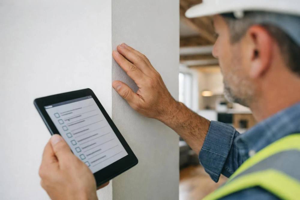 Gestionnaire de chantier en casque de sécurité effectuant une inspection de qualité détaillée sur un site de rénovation suisse, examinant les finitions murales avec une tablette numérique affichant une liste de contrôle des progrès, intérieur d'appartement moderne avec poutres apparentes et