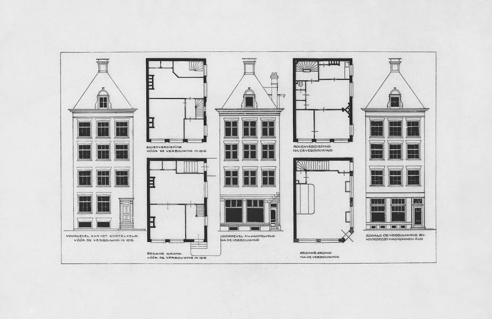 Plans architecturaux détaillés de bâtiments historiques néerlandais.