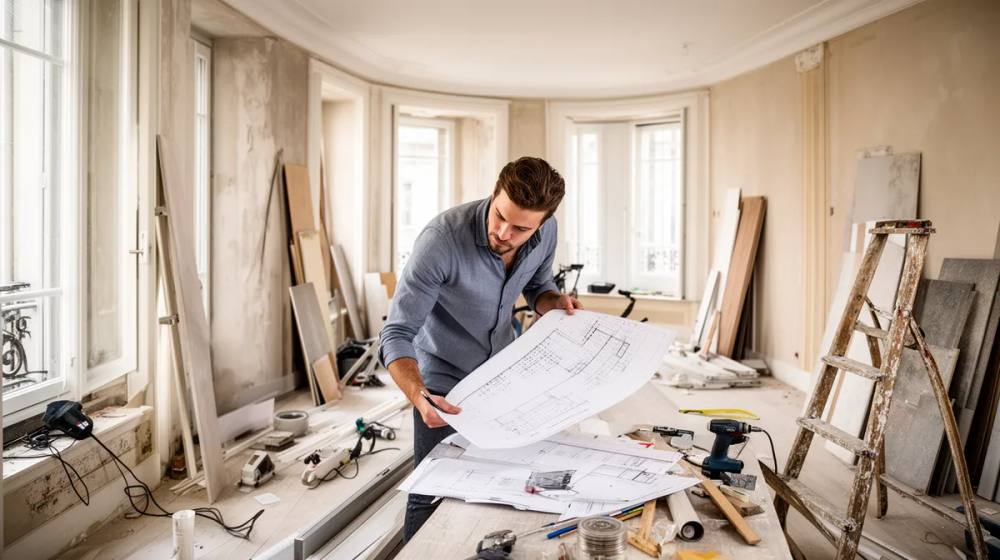 Homme examinant des plans de construction dans une pièce en rénovation.