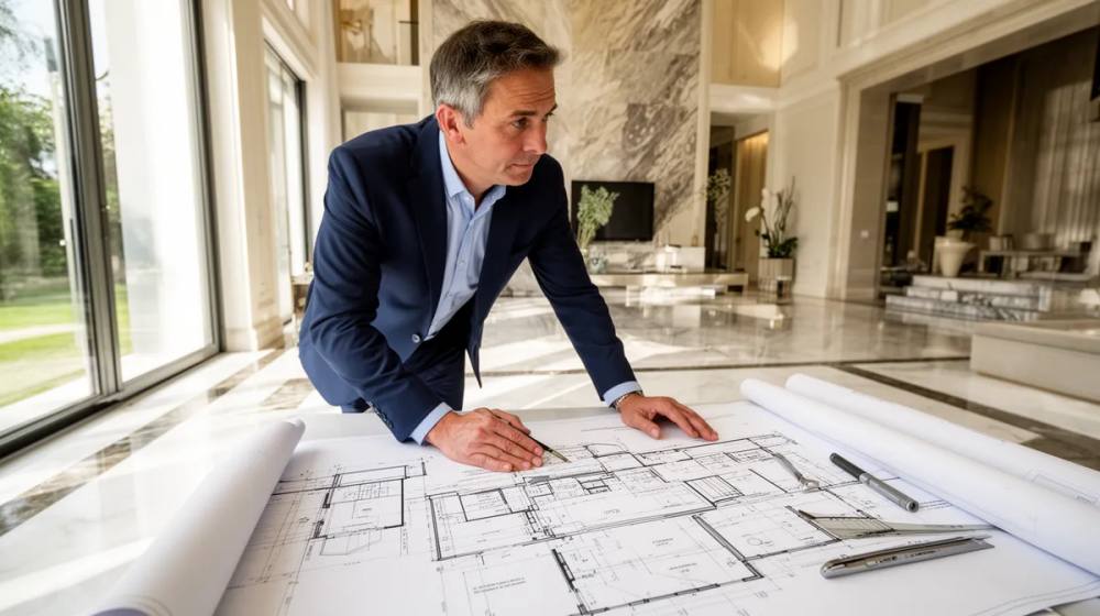 Homme d'affaires examinant des plans d'architecture dans un bureau élégant.