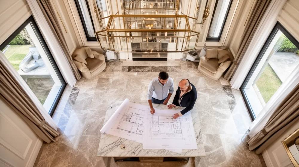 Deux hommes examinant des plans architecturaux dans un luxueux hall d'entrée.