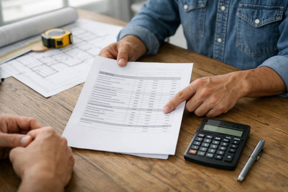 Gros plan des mains d'un entrepreneur présentant un budget détaillé de rénovation avec des postes et une calculatrice sur une table en bois, lumière naturelle d'une fenêtre, scène de consultation professionnelle avec des plans visibles en arrière-plan.