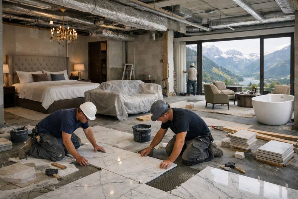 Chambre d'hôtel de luxe en rénovation, contraste entre l'ancienne structure et les nouveaux matériaux haut de gamme, ouvriers installant un sol en marbre, mobilier de designer partiellement déballé, outils et échantillons de matériaux visibles, lumière naturelle des grandes fen