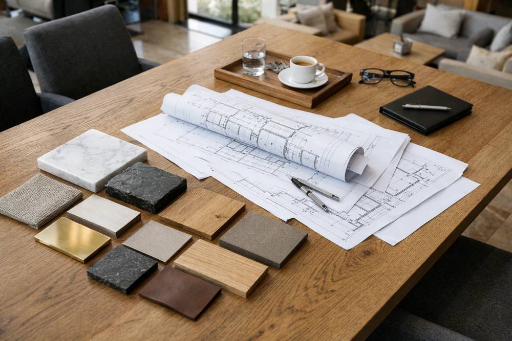 Un directeur d'hôtel et un consultant en rénovation examinent des plans architecturaux détaillés et des échantillons de matériaux de luxe sur une table en bois poli dans le hall d'un hôtel suisse élégant, dans une atmosphère de réunion professionnelle.