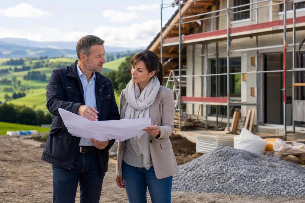 Deux personnes examinant des plans de construction sur un chantier.
