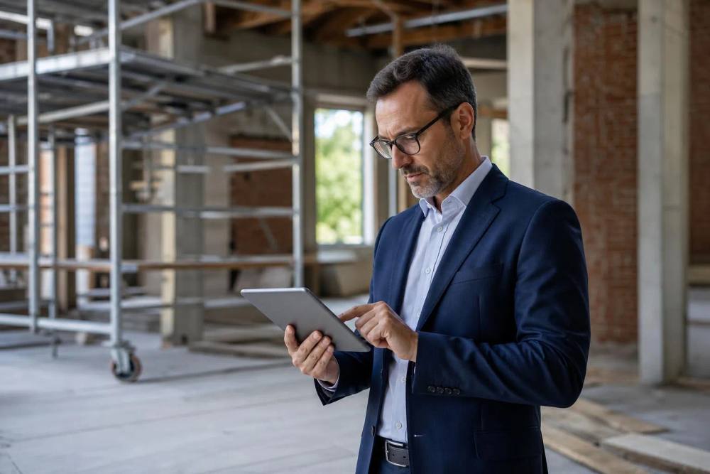 Homme d'affaires concentré utilisant une tablette dans un chantier de construction.