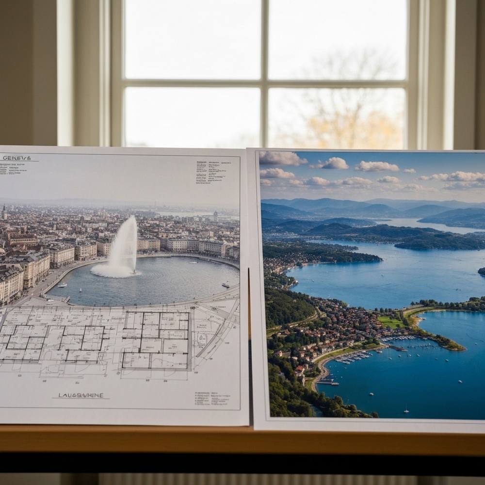 [Une image conceptuelle élégante montrant deux plans d'architecte côte à côte, l'un avec une vue sur le Jet d'Eau de Genève et l'autre sur le lac depuis les hauteurs de Lausanne, symbolisant la décision stratégique.]