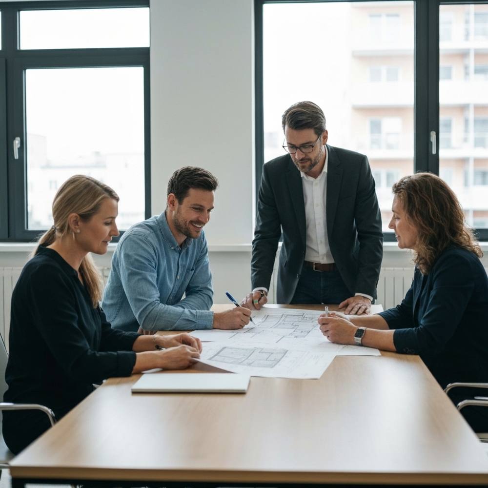 Un consultant en rénovation professionnelle examine des plans architecturaux détaillés avec des propriétaires autour d'une table de conférence dans un bureau suisse contemporain, avec un éclairage naturel et un design intérieur moderne visible par les fenêtres, se concentrant sur le processus de consultation et les documents de planification du