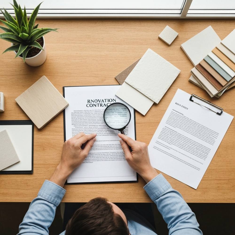 Propriétaire d'un appartement suisse moderne examinant un contrat de rénovation détaillé à la loupe, entouré de documents budgétaires transparents et d'échantillons de matériaux, lumière naturelle à travers la fenêtre, atmosphère professionnelle montrant la négociation du contrat et