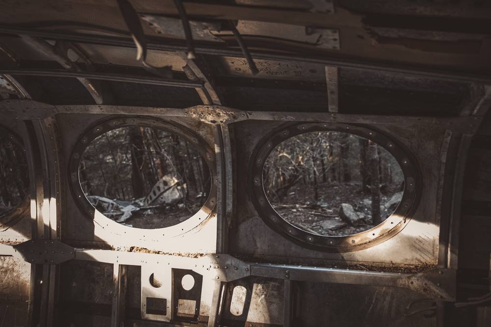Fenêtres circulaires d'un véhicule abandonné dans la forêt.
