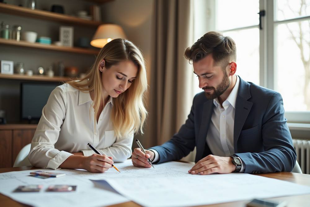 Deux professionnels examinent attentivement des documents sur un bureau.
