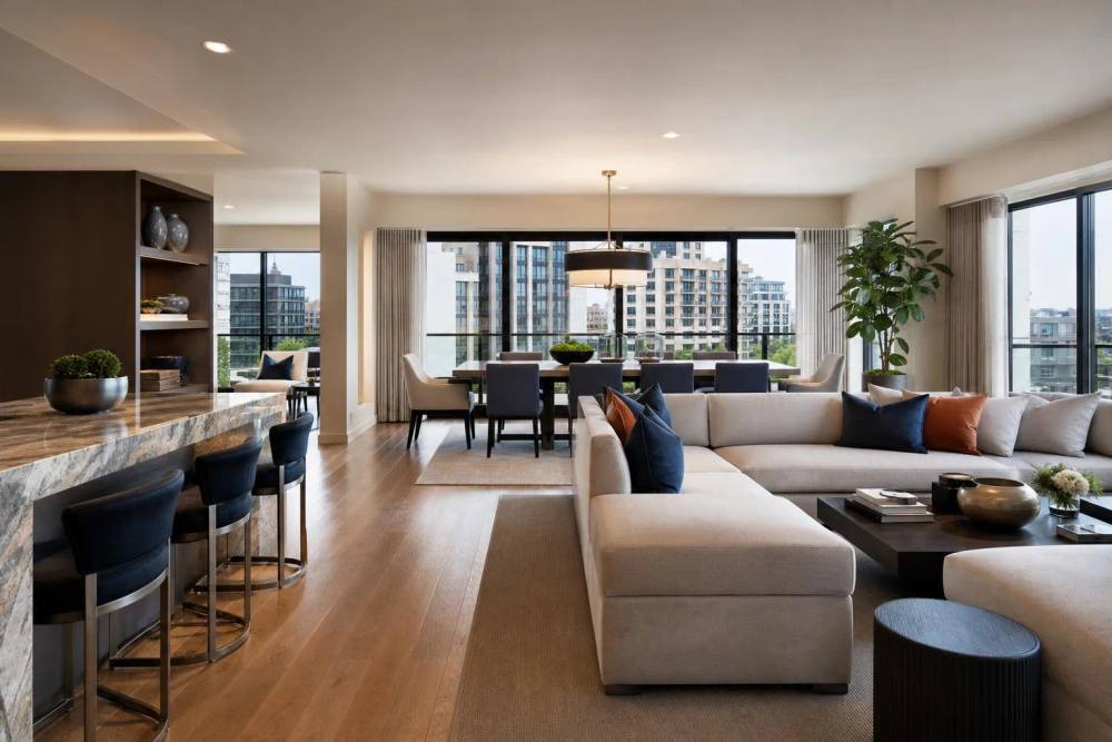 Salon moderne avec vue panoramique sur la ville.