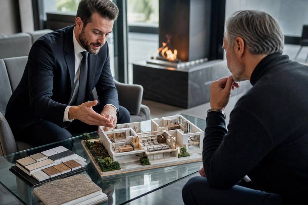 Deux hommes d'affaires discutant d'un modèle architectural sur une table.