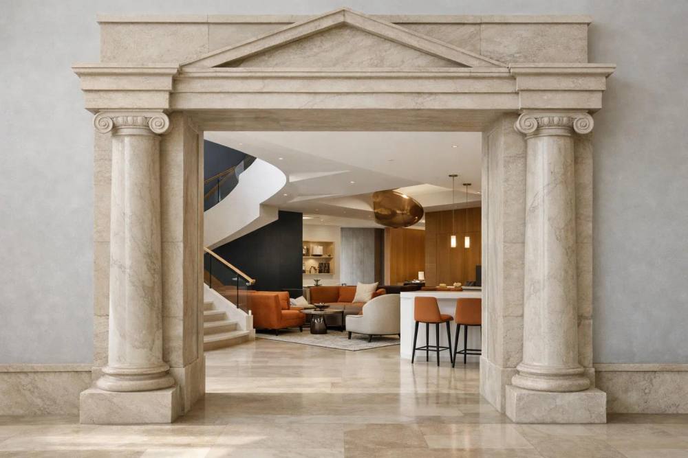 Entrée élégante avec colonnes de marbre et mobilier moderne.