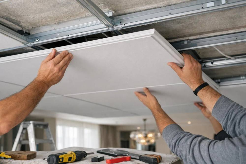 Deux mains installant un panneau de plafond suspendu dans une pièce.