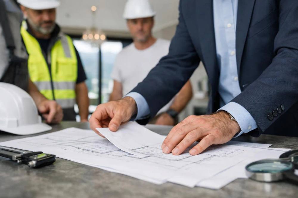 Ingénieurs en costume et ouvrier en uniforme examinant des plans de construction.