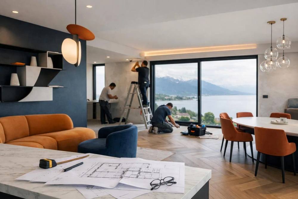 Transformation élégante d'un salon de luxe dans une propriété du canton de Vaud, avec des matériaux haut de gamme et un travail artisanal de qualité, les ouvriers consultant les plans d'architecture, des finitions premium visibles, une luminosité naturelle abondante à travers de grandes fenêt