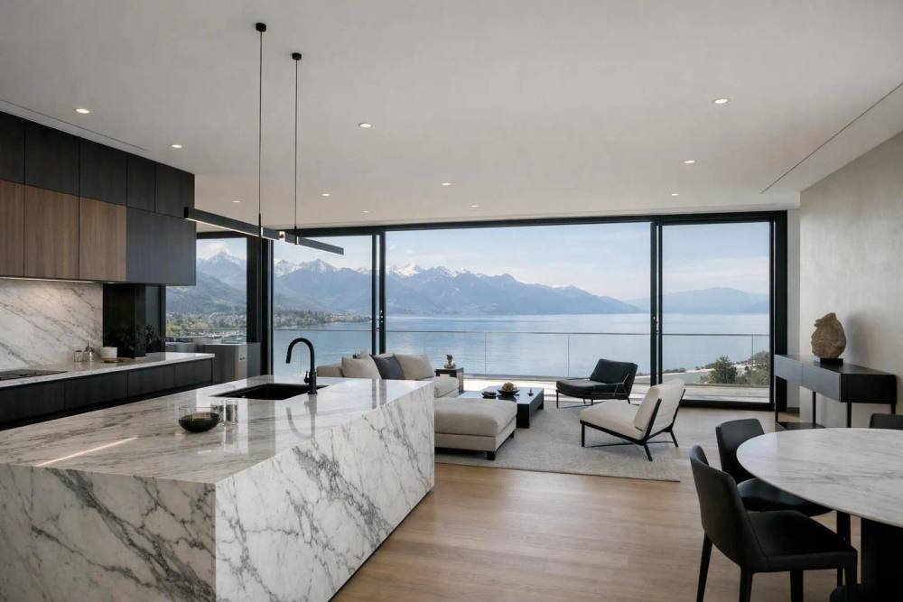 Intérieur d'appartement rénové avec vue panoramique sur le lac, îlot de cuisine en marbre, mobilier de designer et fenêtres plein ciel sur le Lac Léman et les Alpes.