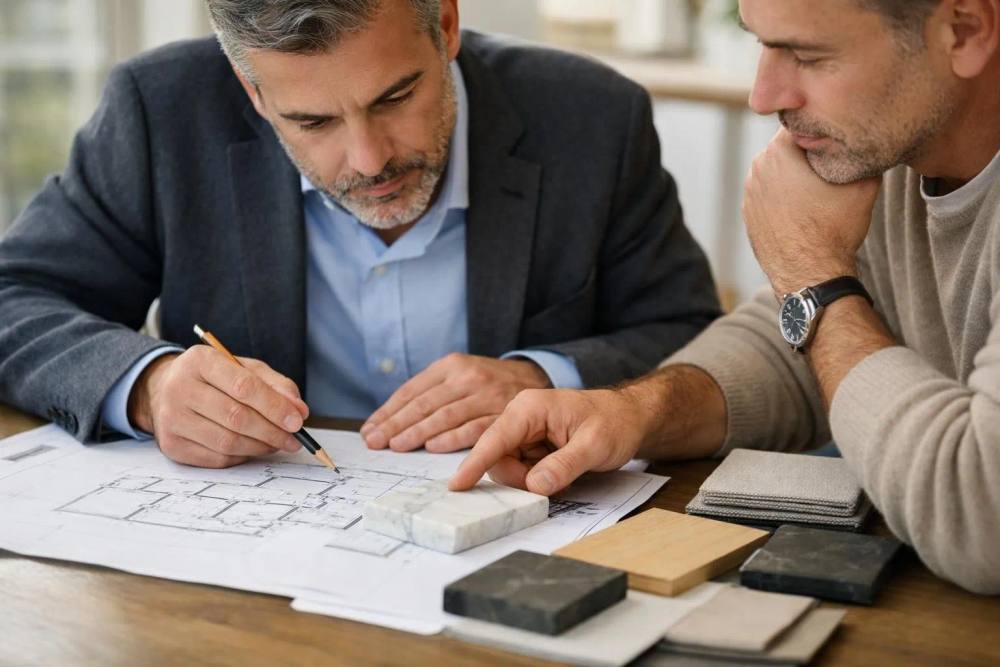 Un architecte professionnel examine des plans de rénovation détaillés et des échantillons de matériaux avec un client investisseur, discutant de la planification d'un projet de rénovation intérieure de luxe avec des documents techniques et des échantillons de matériaux haut de gamme sur une table de conférence