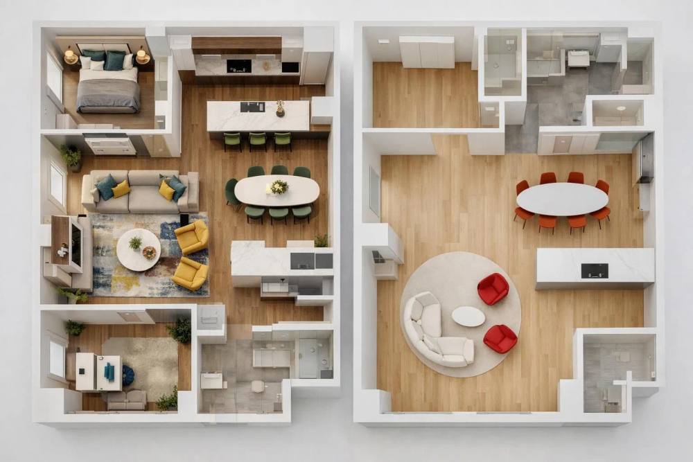 Un appartement de luxe rénové avec confort et appareils haut de gamme, un autre élégamment mis en scène avec mobilier design pour la vente, tous deux avec finitions de luxe dans un style suisse contemporain.