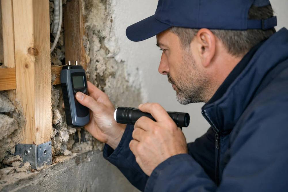 Un inspecteur du bâtiment professionnel en tenue de travail examine la structure murale exposée avec un humidimètre et une lampe de poche lors d'une évaluation de rénovation, gros plan sur les outils d'évaluation technique et les éléments structurels dans une propriété résidentielle su