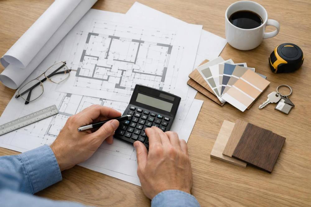 Un architecte professionnel calcule le budget de rénovation avec une calculatrice, des plans de construction suisses sur un bureau en bois moderne, vue de dessus montrant les plans détaillés et un tableur budgétaire.