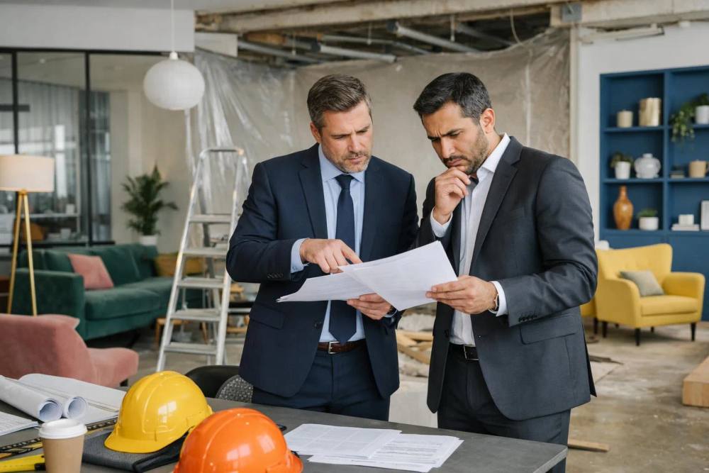 Entrepreneur en construction et propriétaire examinant des documents contractuels sur un chantier de rénovation avec des feuilles de calcul et de coûts visibles, atmosphère de négociation tendue, cadre intérieur suisse professionnel.