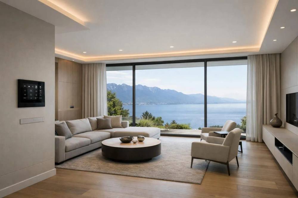 Salon de luxe moderne avec panneau de contrôle domotique intégré, rideaux automatisés, éclairage ambiant sophistiqué, fenêtres panoramiques sur le lac Léman, mobilier minimaliste, technologie discrète, finitions haut de gamme, ambiance chaleureuse.