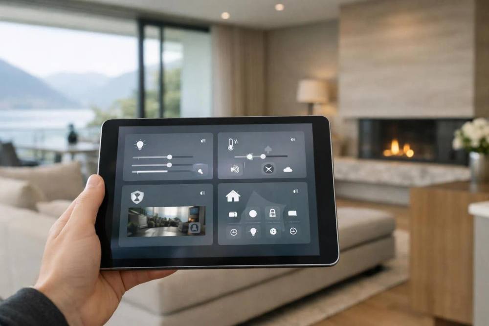 Panneau de contrôle domotique de luxe moderne affiché sur une tablette épurée montrant les zones d'éclairage, les paramètres de climat et les flux de caméras de sécurité dans une résidence suisse contemporaine.