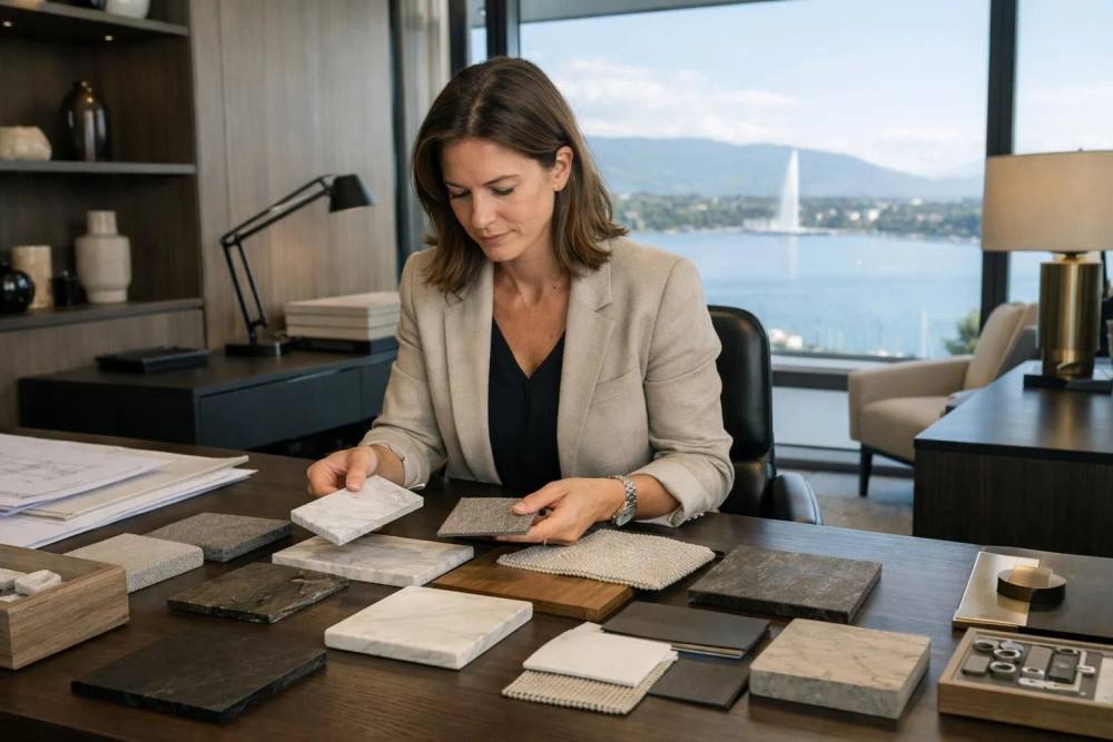 Un studio de design d'intérieur genevois élégant avec un architecte examinant des échantillons de matériaux de luxe, des tissus et des plans de rénovation sur un bureau, avec le lac Léman visible à travers la fenêtre, un espace de travail professionnel avec des finitions haut de