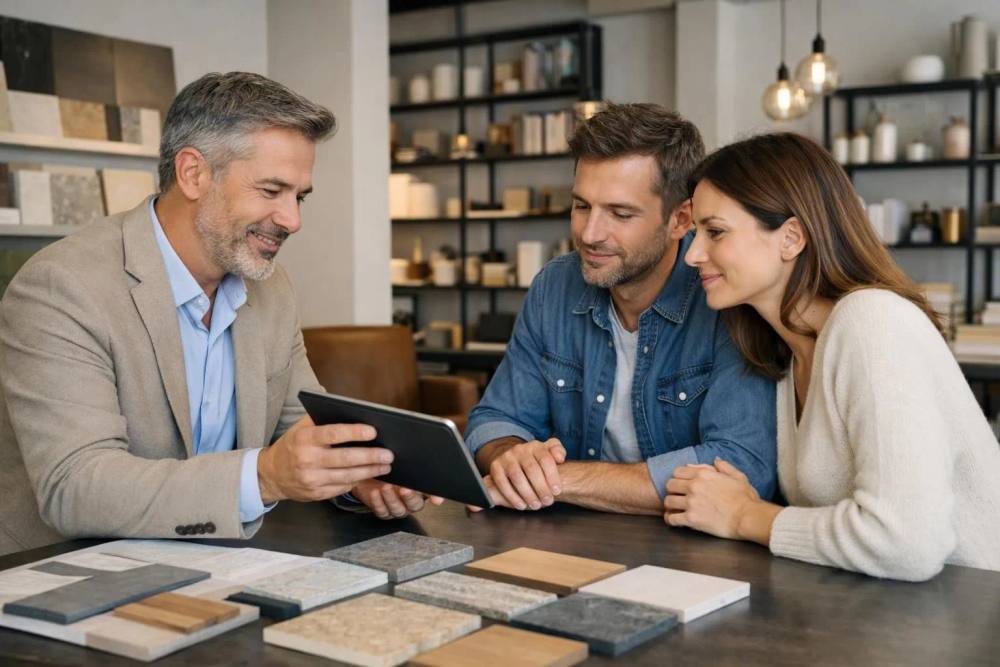 Un architecte d'intérieur professionnel présente quatre propositions tarifaires sur une tablette moderne à un couple de clients attentifs dans un studio de design élégant à Genève, avec des échantillons de matériaux visibles sur la table de consultation.