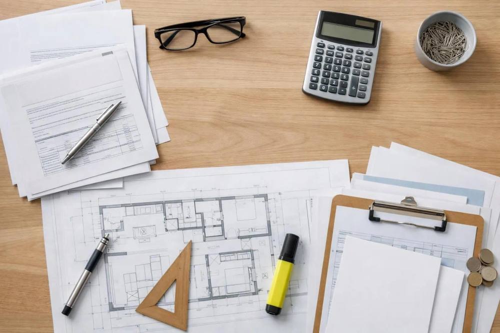 Un bureau d'architecte professionnel avec des documents contractuels détaillés, un tableur budgétaire avec calculatrice, un surligneur marquant les frais cachés, une tasse de café et des plans d'architecture partiellement visibles, vue de dessus, éclairage naturel de bureau.