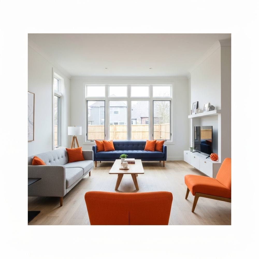 Un salon moderne et élégant après une rénovation haut de gamme, mettant l'accent sur l'éclairage et les matériaux, reflétant un projet dans la région de Lausanne.