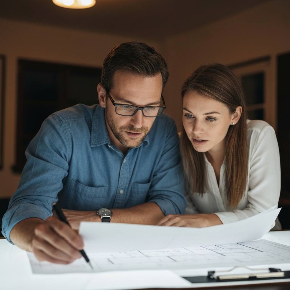 Deux professionnels en discussion sérieuse sur un plan de construction dans un bureau élégant et sombre, exprimant expertise et confiance.