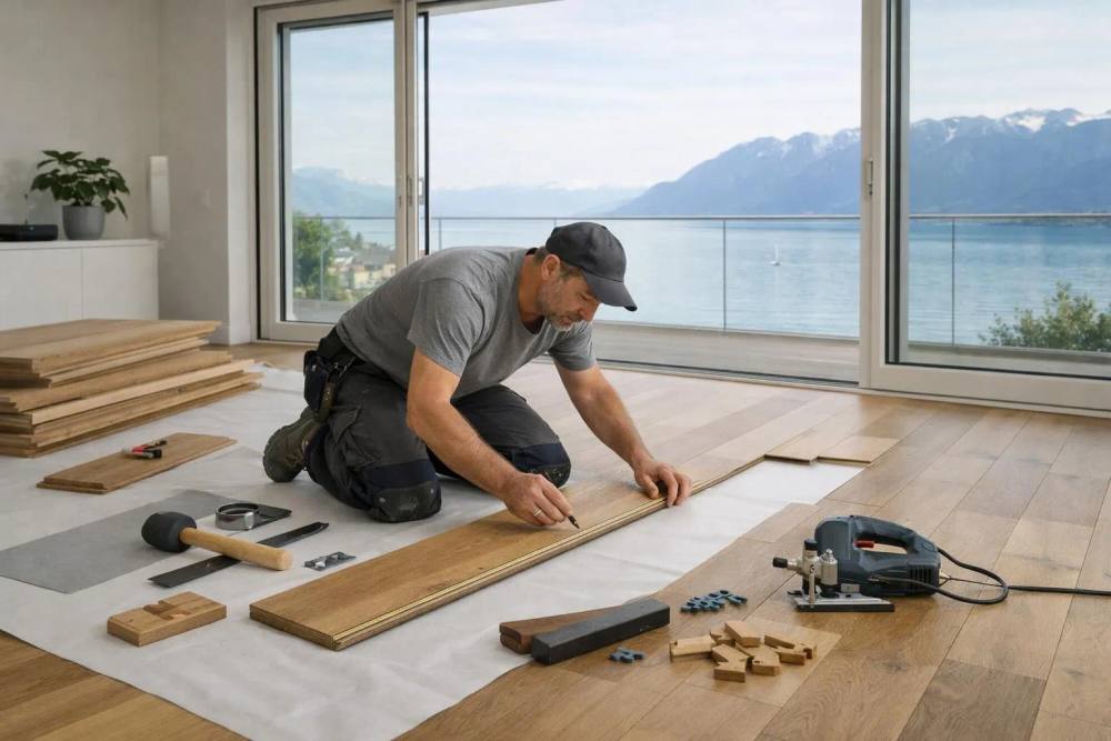 Un artisan professionnel installe un parquet haut de gamme dans un appartement suisse lumineux avec vue sur le lac Léman, les matériaux et outils sont soigneusement organisés.